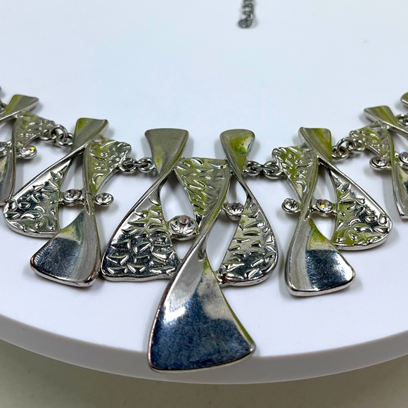 Abstract Art Deco Statement Necklace with White Crystal Accents - Picture 4 of 6